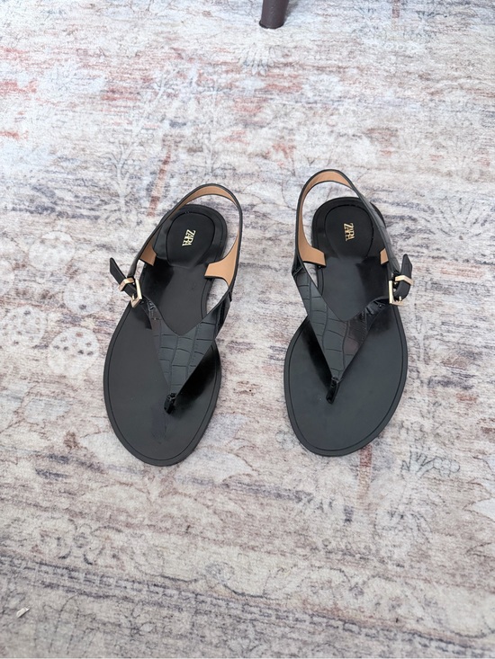Zara Shoes - ZARA Black Croc-Embossed Thong Sandals with Gold Buckle
